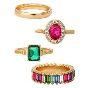 Multi Color CZ Ring Set, 4-Piece Multi-Colored Cubic Zirconia Stones Size 7